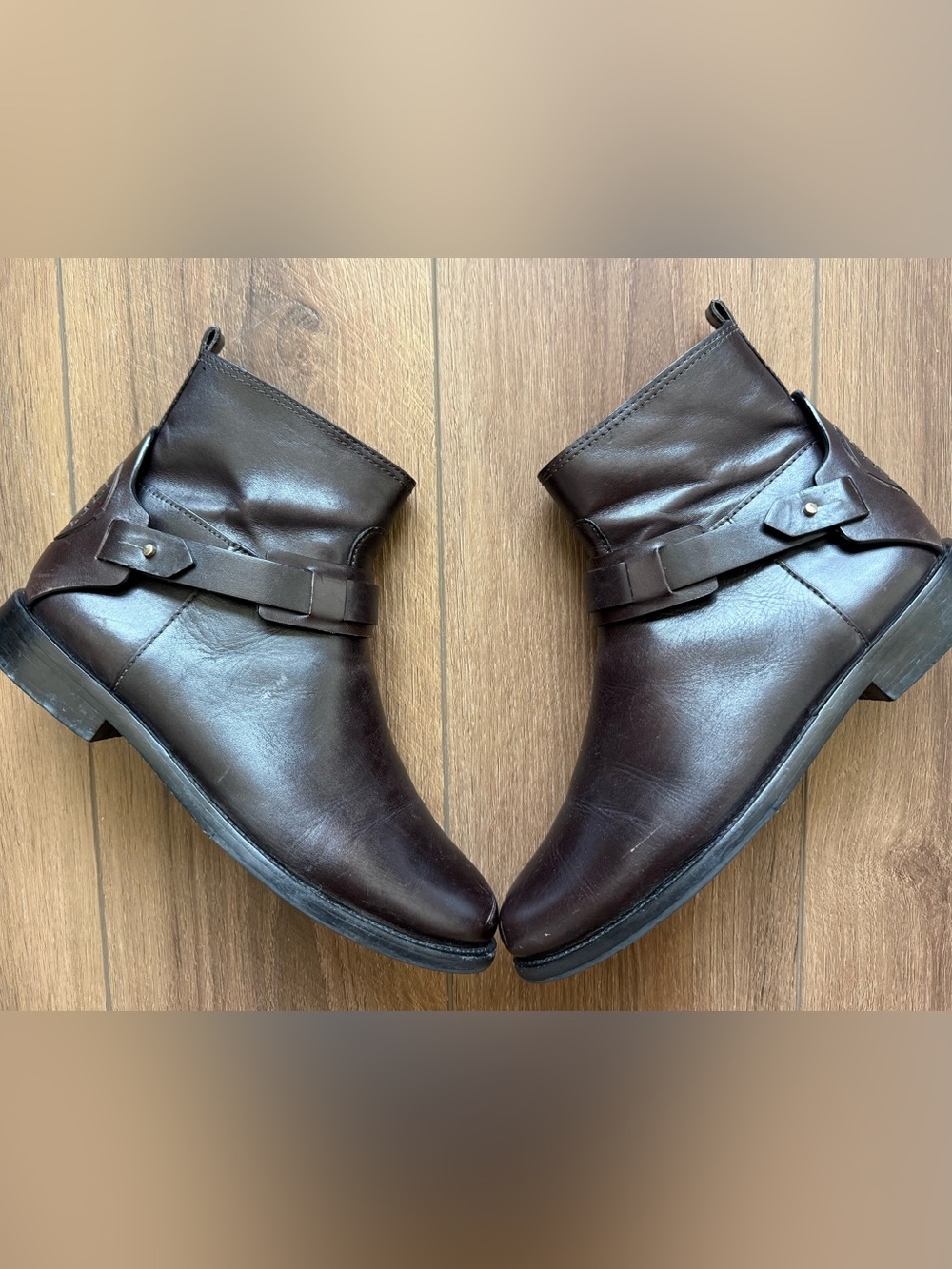 Tory Burch Derby Flat Brown Leather Ankle Booties Women's Size 8M Zip Logo